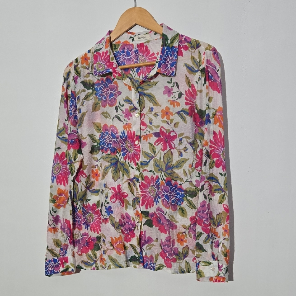 🔥Lili & Lola Paris Floral Button-Up Long Sleeve Lightweight Womens Shirt Size L